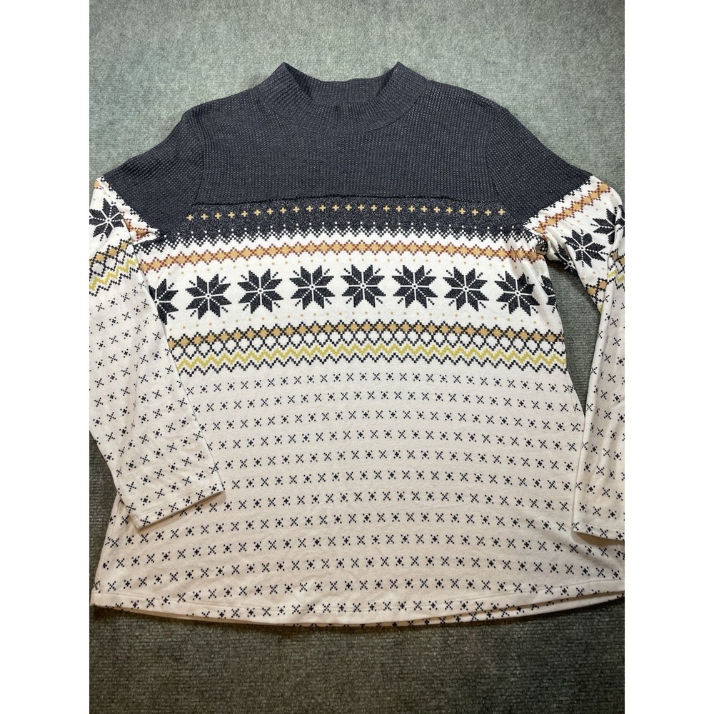 Maurices Women 2x Fair Isle Snowflake Mock Neck Waffle Knit Top Grey Winter Cozy